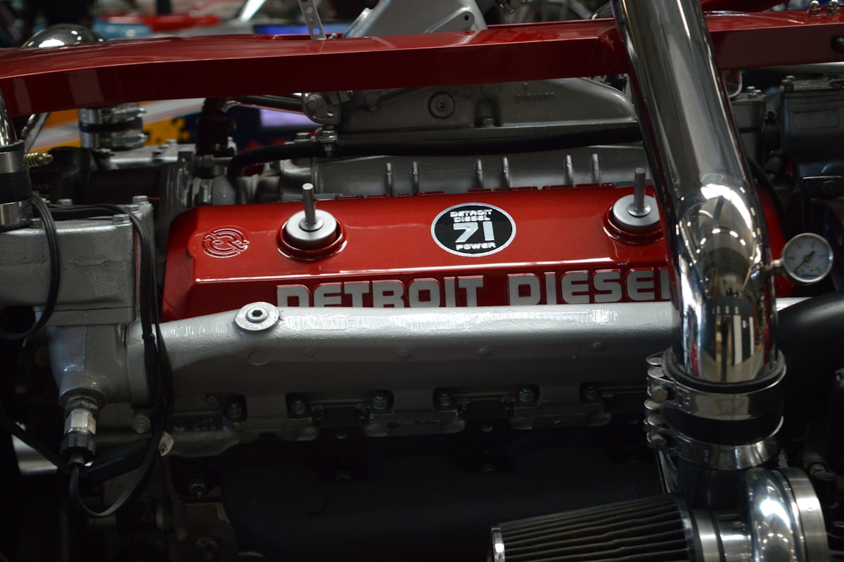 Heavy diesel engine block being worked on in a workshop